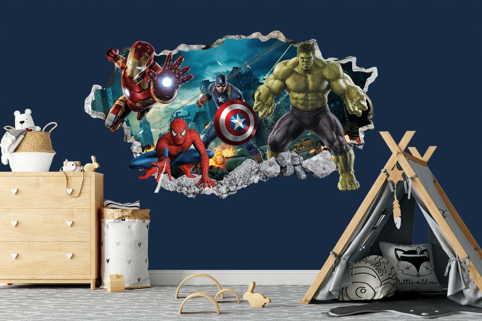 Superhero Hulk Spiderman Iron Man Hulk Captain America Smashed Wall Decal Sticke