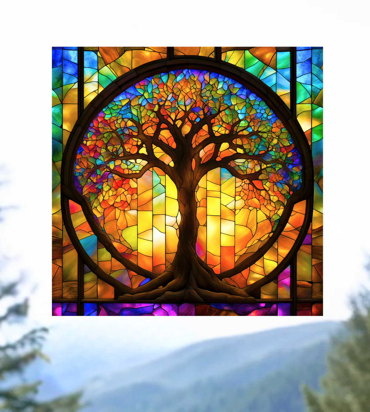 Tree of Life ~ Faux Stained-Glass WINDOW CLING Size 8" Square Vinyl