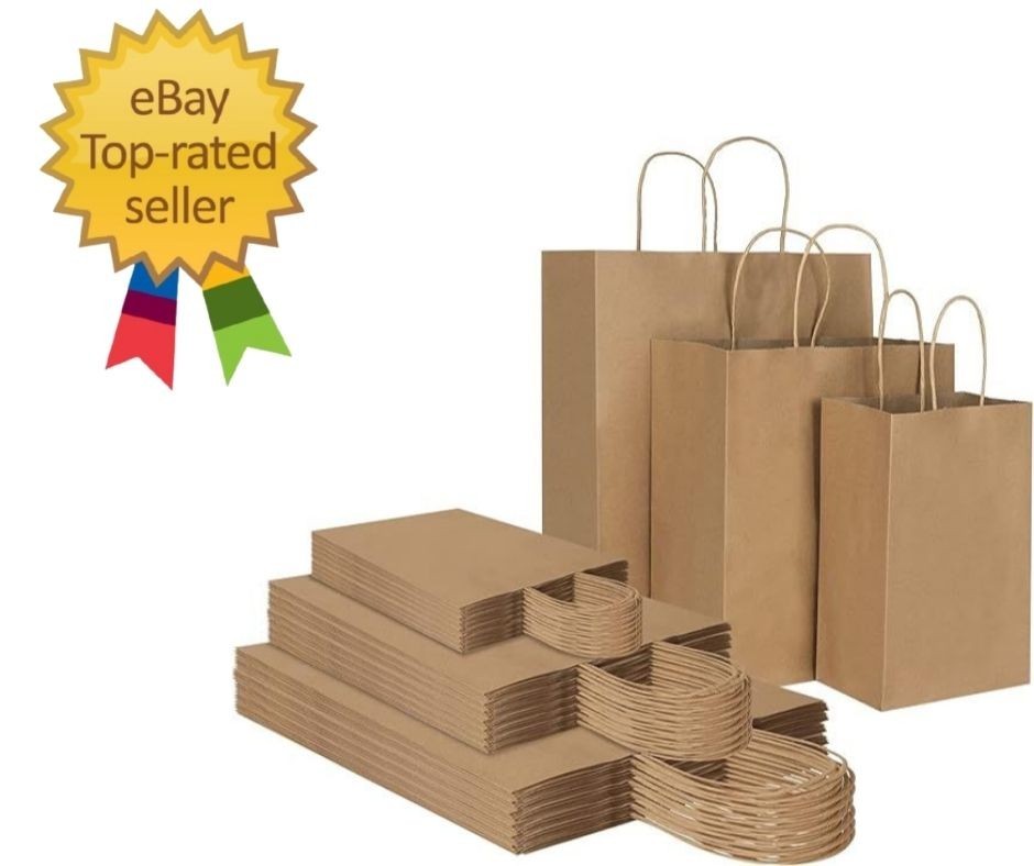 90 Pack Plain Brown Kraft Paper Bags with Handles Bulk, Multiple 3 Assorted S…