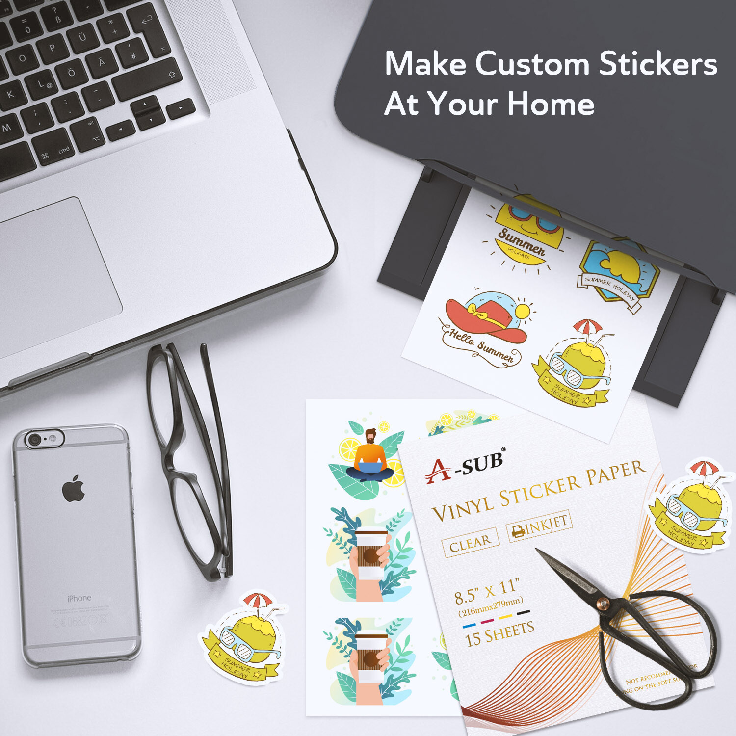 A-SUB Clear Sticker Paper Waterproof for Inkjet Printable Vinyl Sheets 8.5×11