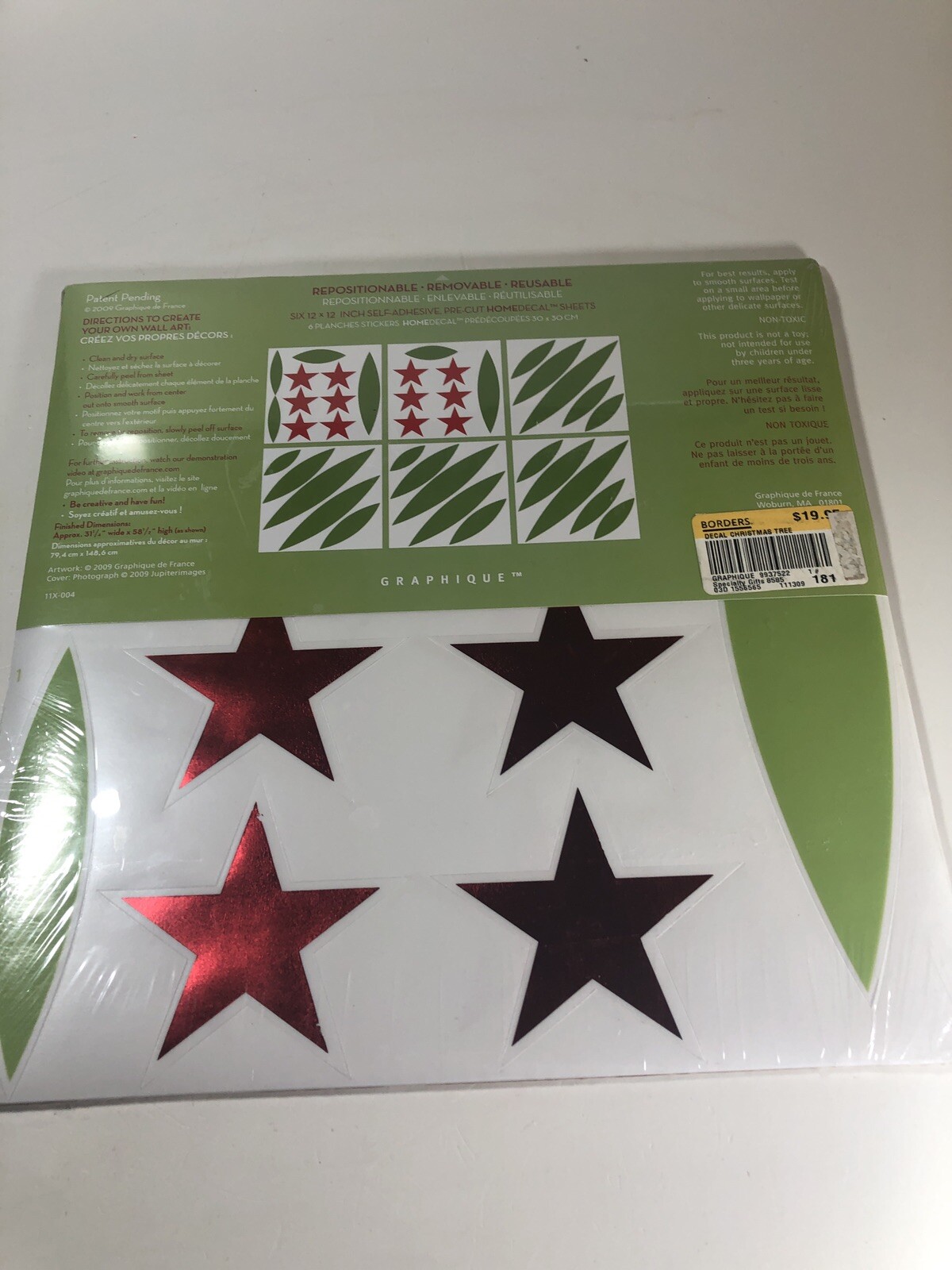 Graphique Home Decal Peel & Stick Wall Decals Red Foil Stars Christmas Tree NEW