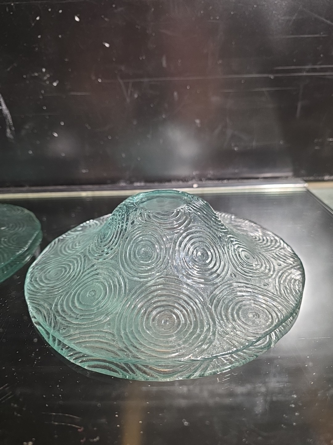 Vintage Clear Glass Pedestal Bowl Concentric Swirl Spiral Textured Art Glass 9"