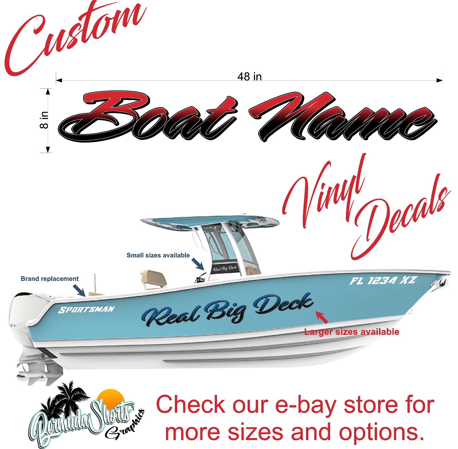 Boat Name Decal 8×48" / Custom Hull Graphic / Premium Marine Vinyl Lettering GRB