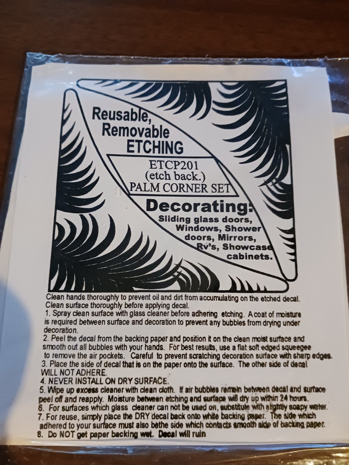 PALM FROND Etched Look Cling 5"X5" Corner Removable & Reusable 201