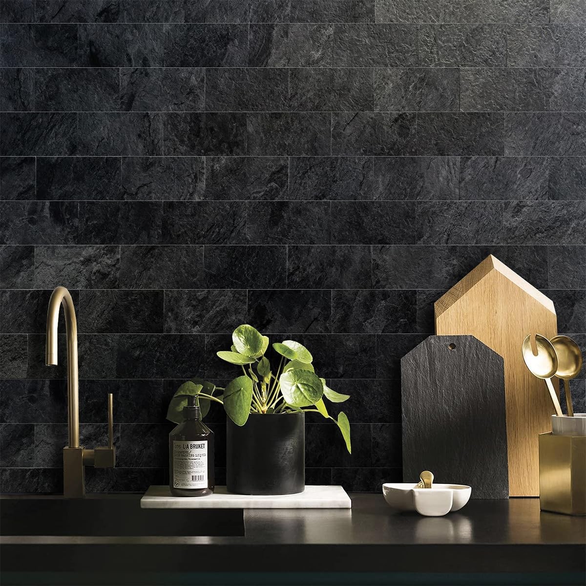 100 Piece Black Slate Peel and Stick Backsplash Wall Tiles, 3" x 6" PVC Faux …