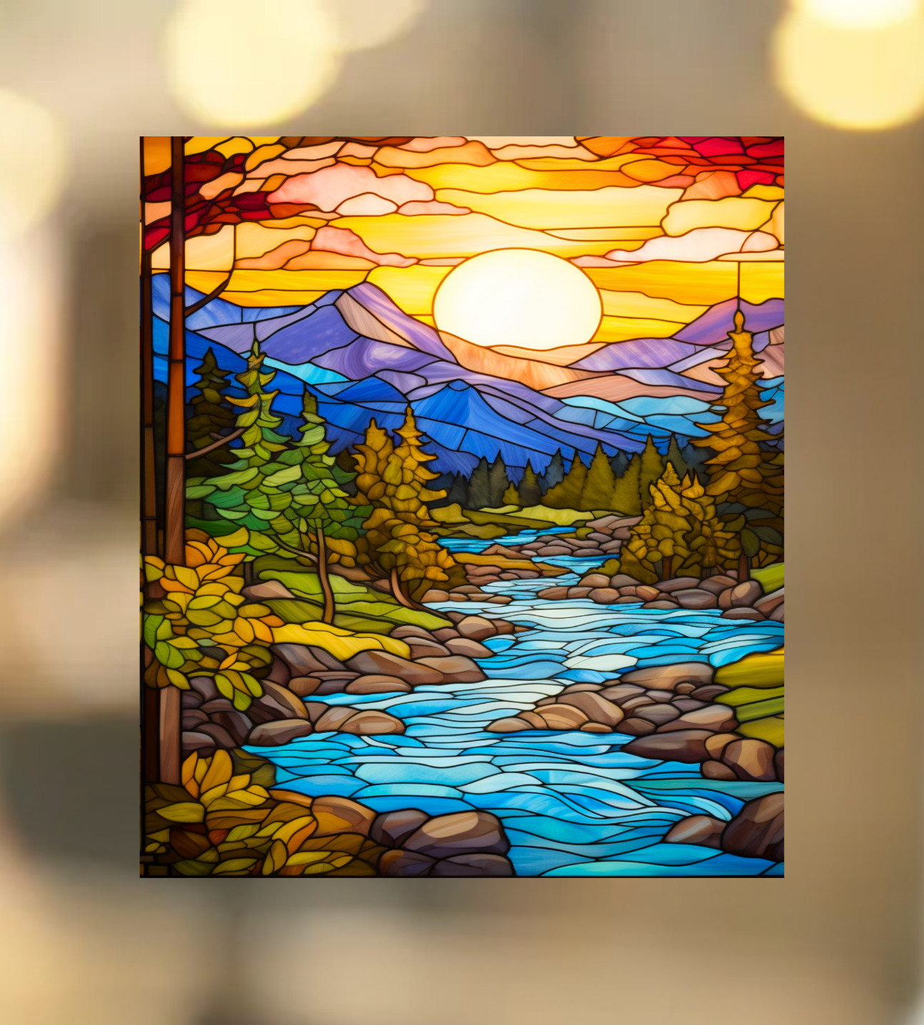 River at Sunset Faux Stained-Glass WINDOW CLING Size 9.3" Repositionable Vinyl