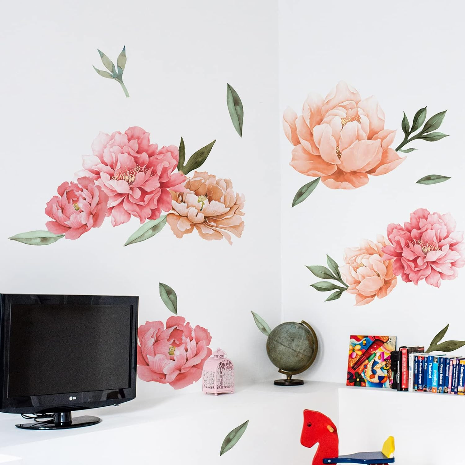 Peony Flowers Wall Decals, Watercolor Elegant Peonies Rose Floral Wall