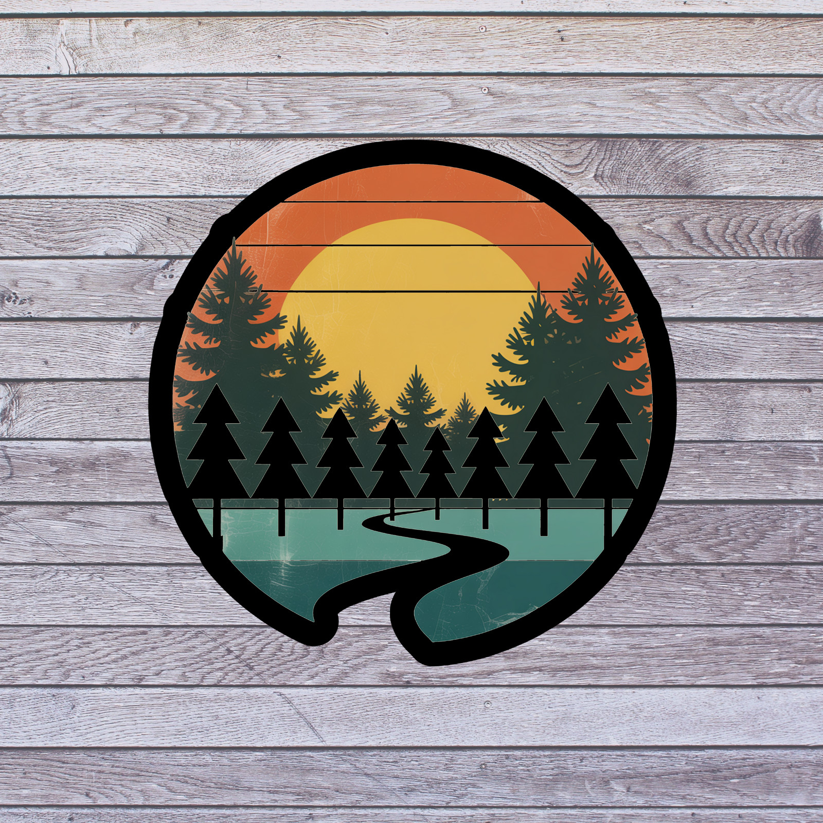 Nature Sticker Vinyl Decal Sunset Forest Trees River Landscape Retro