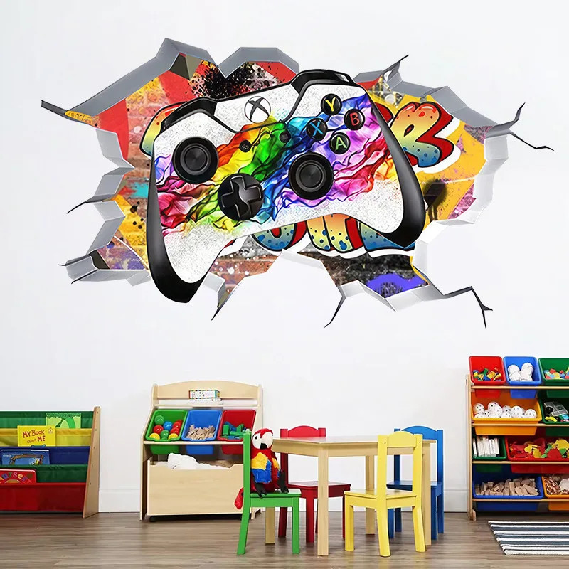 3D Broken Wall Gaming Controller Vinyl Sticker Kids Room Boy Bedroom Decor