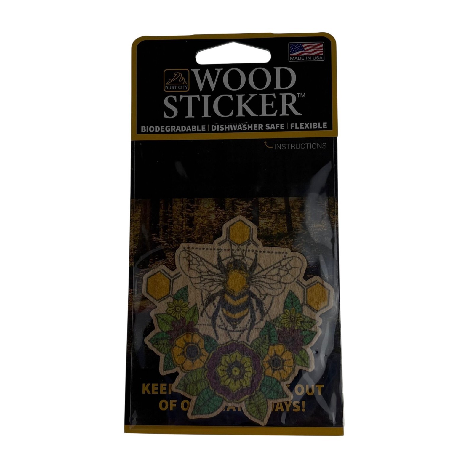 Bee Biodegradable Flexible Wood Sticker Weather Resistant Dishwasher Safe Eco