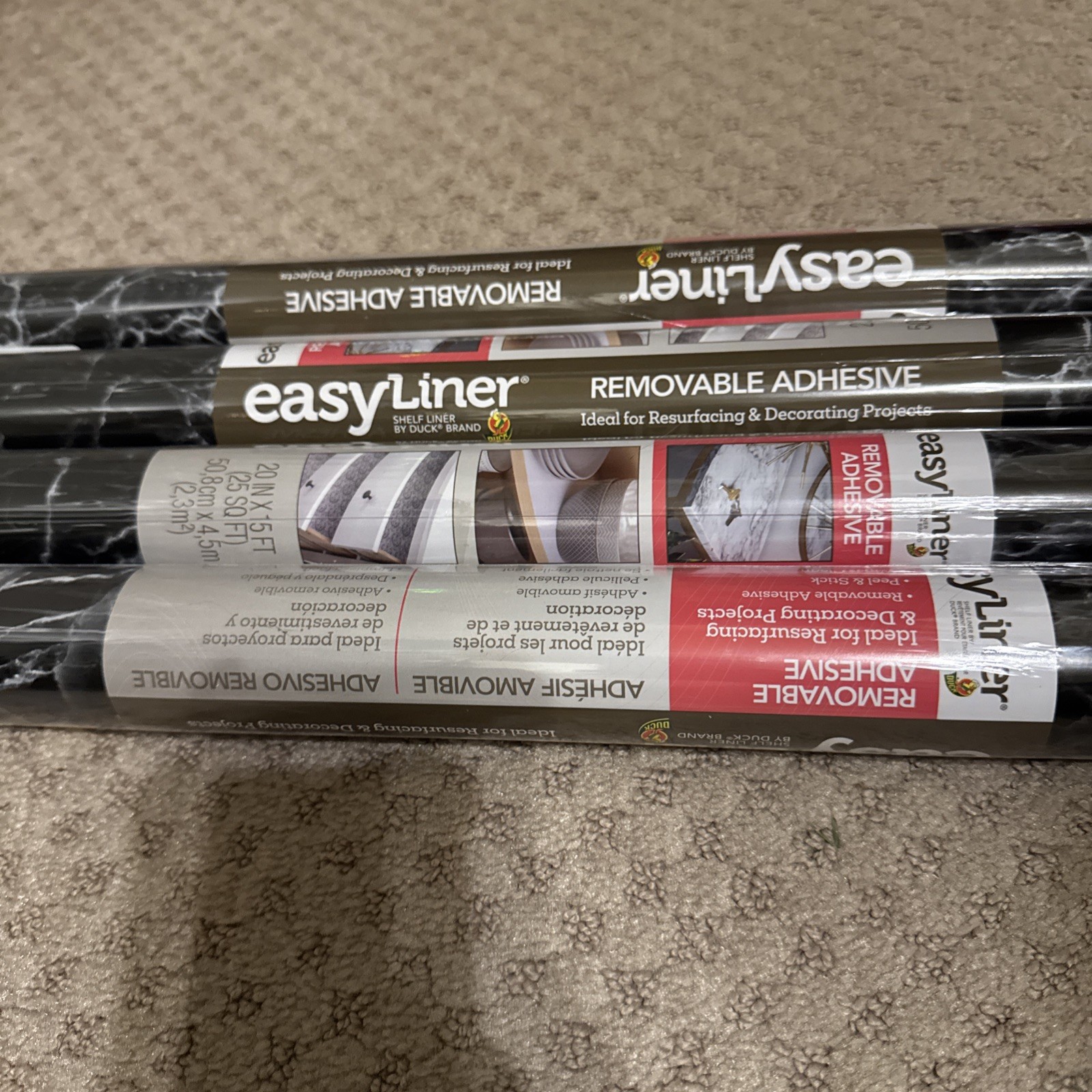 4 Rolls NEW DUCK EasyLiner Removable Adhesive Shelf Liner 20" x 15' Black Marble
