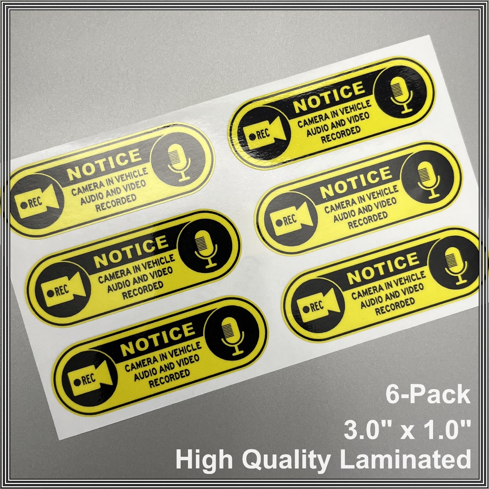 Camera in Car Recording Video 6-Pack Decals Yellow & Black 3.0" x 1.0" for Uber
