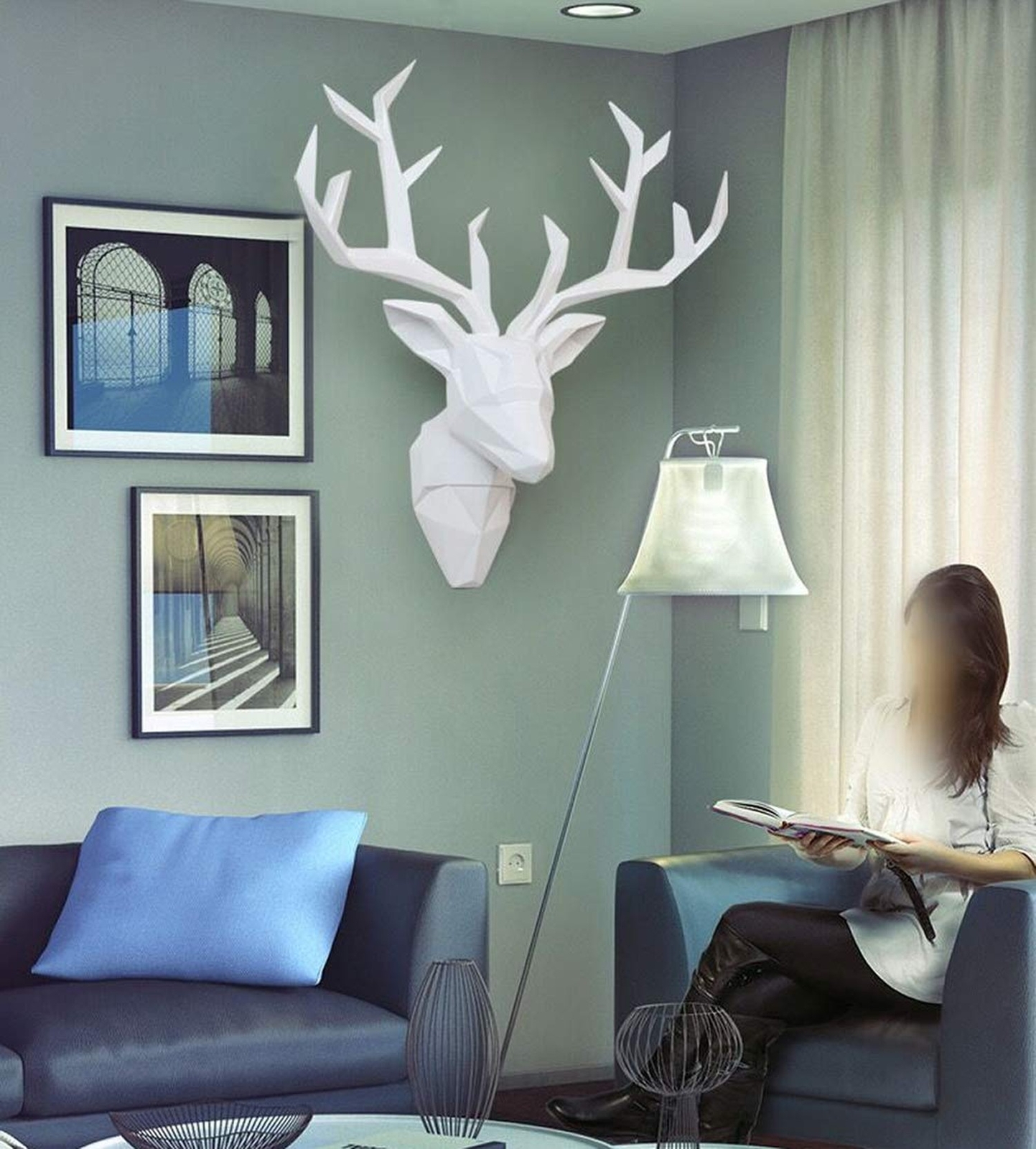 YJ Home Deer Head Wall Art – Geometrial Deer Head Sculpture Home Decor (White…