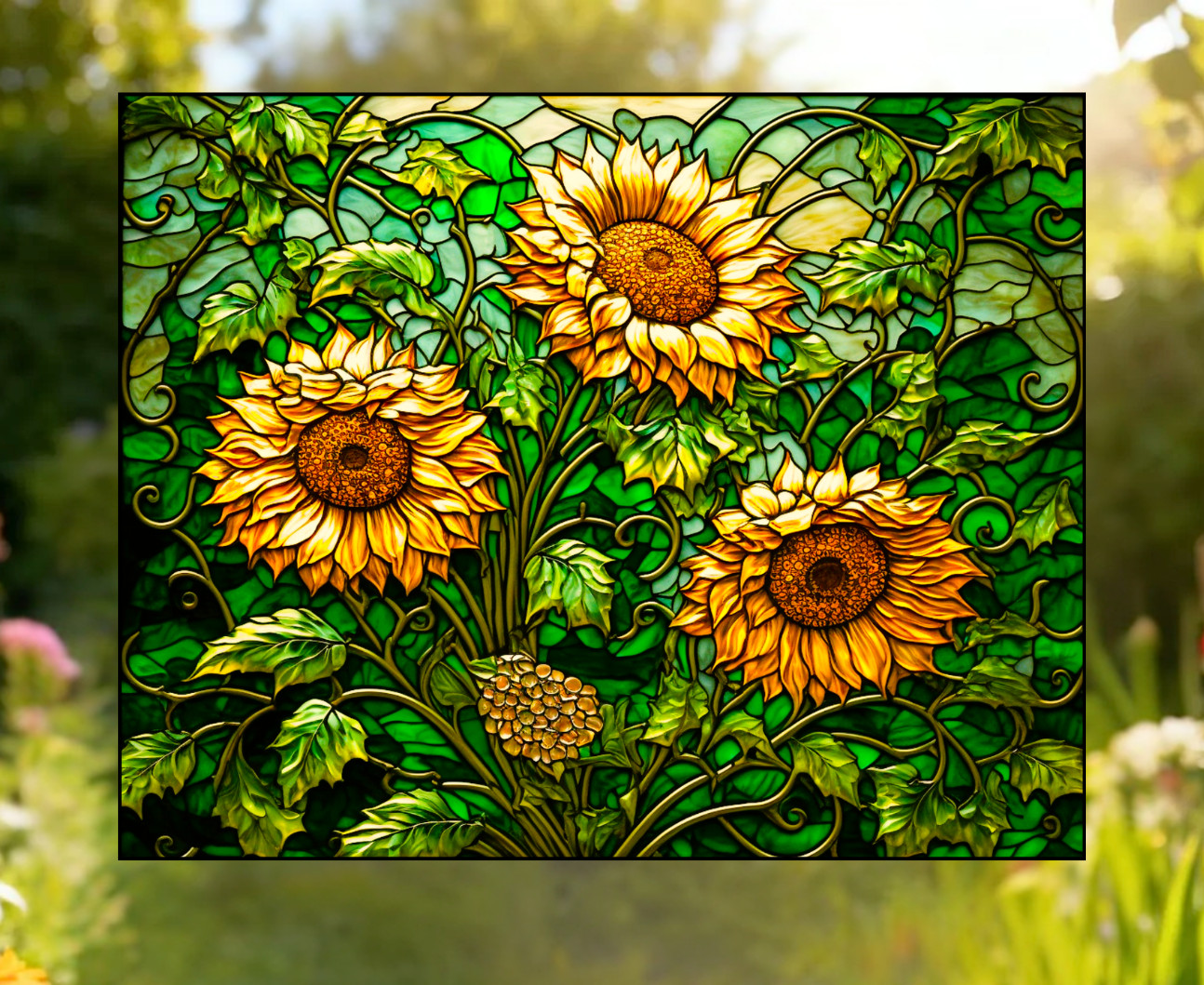 Wild Sunflowers Faux Stained-Glass WINDOW CLING Size 10" Repositionable Vinyl