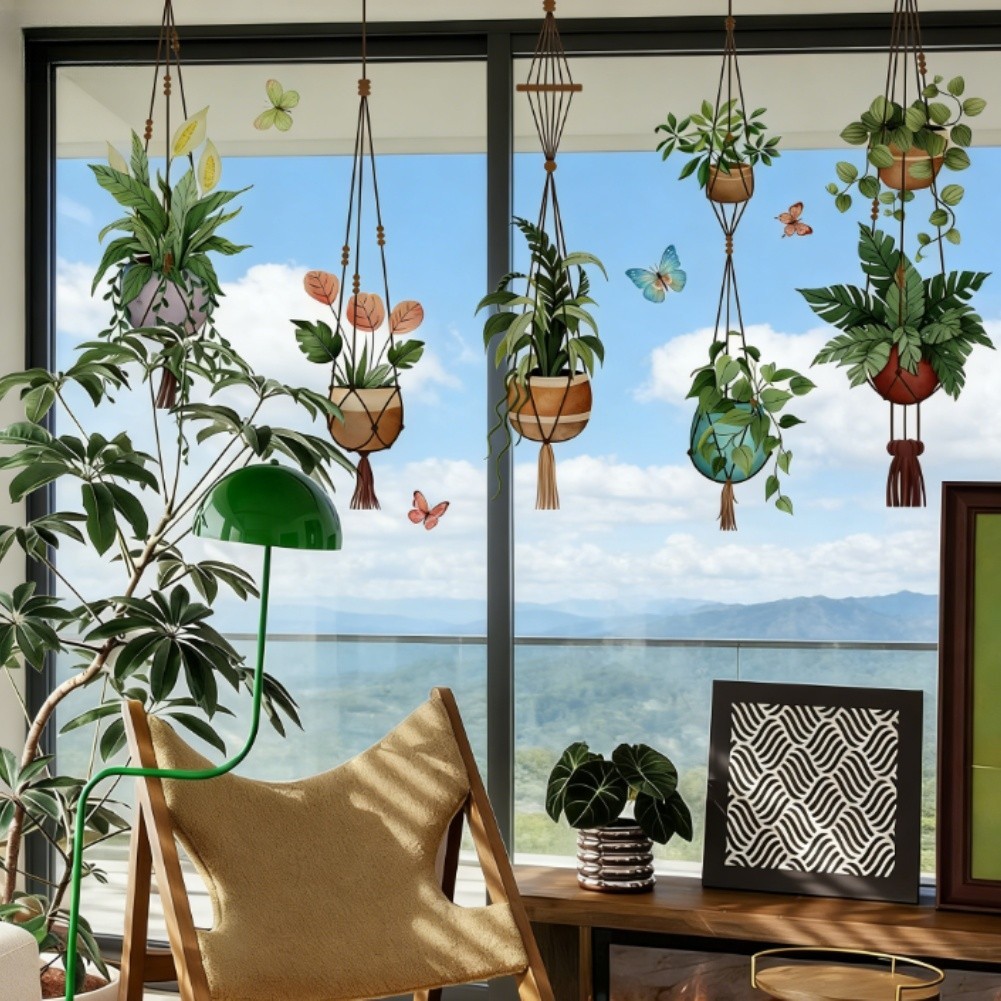 Window Stickers with Spring Potted Plant Design for Home Wall Decoration Green