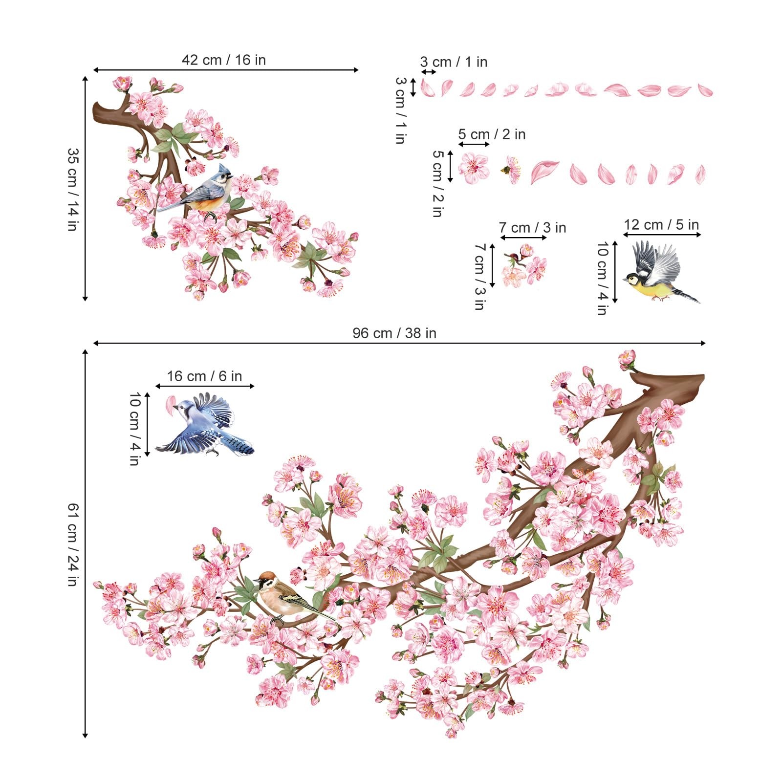 Cherry Blossom Branch Wall Decals Pink Floral Birds Wall Stickers Bedroom Liv…