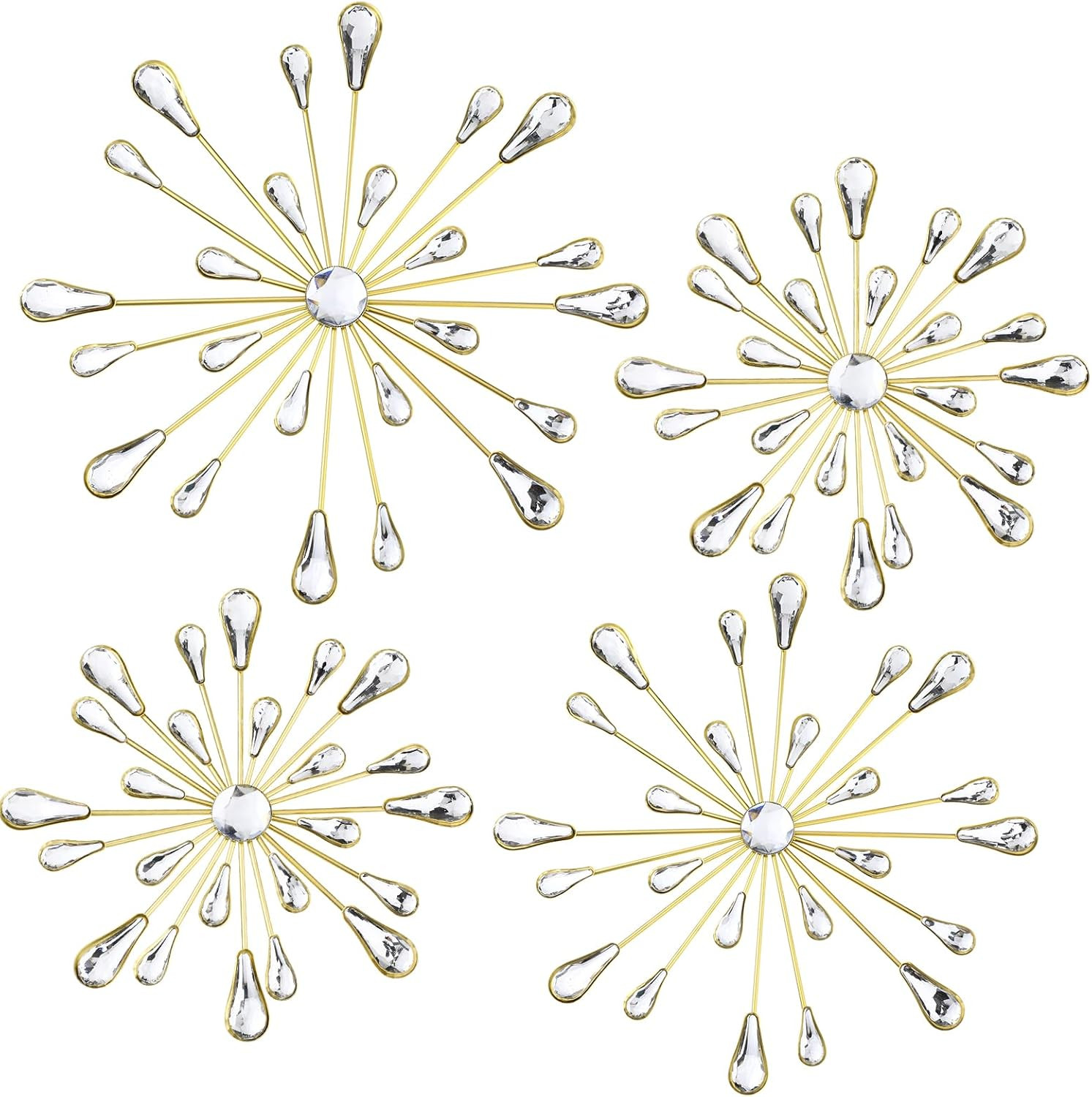 4 Pcs Starburst Wall Decor Bling Wall Art Crystal Teardrop 3D Hanging Rhinestone