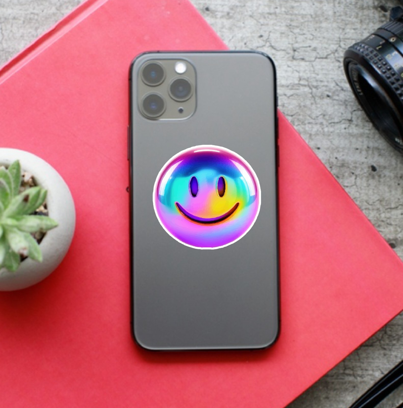 Multicolor Smiley Face (2 Stickers) 3.5in, Waterproof, Glossy Finish Vinyl.