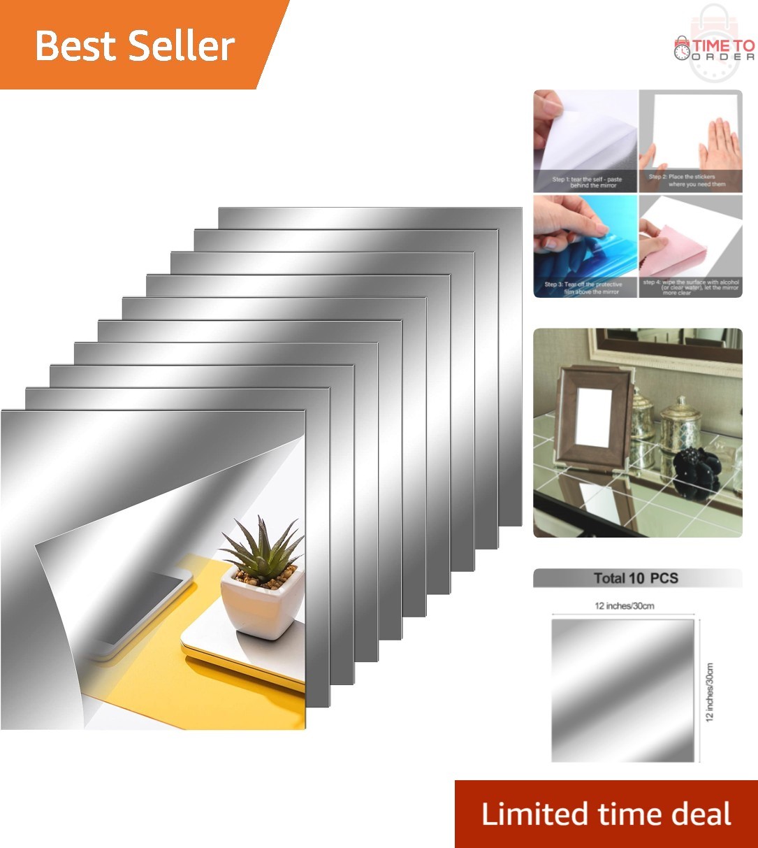 Self Adhesive Mirror Tiles 12×12 Inches 10 Pieces Home Wall Decor