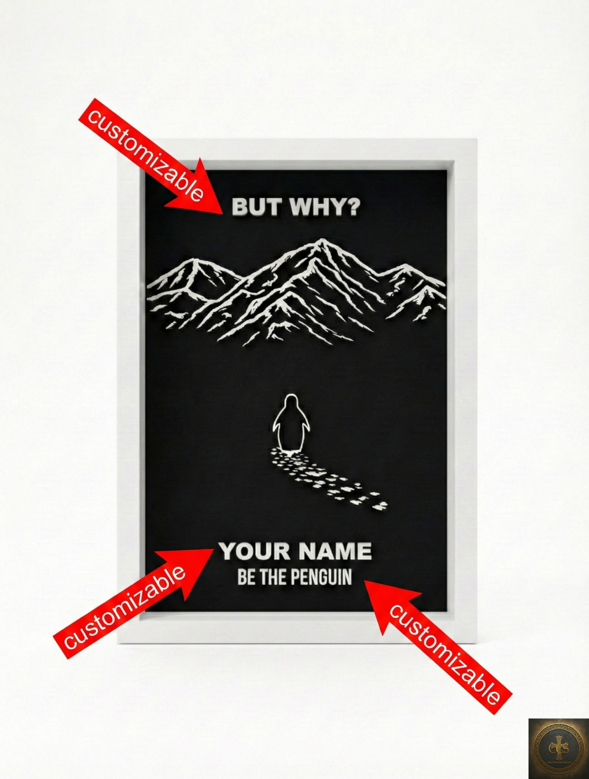 Custom "But Why" Penguin Frame | Viral Penguin Walking Into Mountains Art