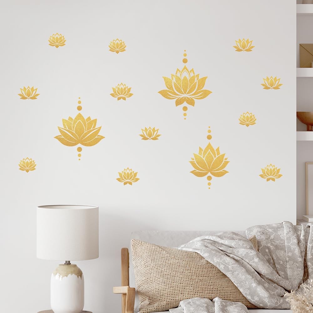 2 Sheets Lotus Flower Wall Decals DIY Gold Dot Removable Vinyl Stickers for Y…
