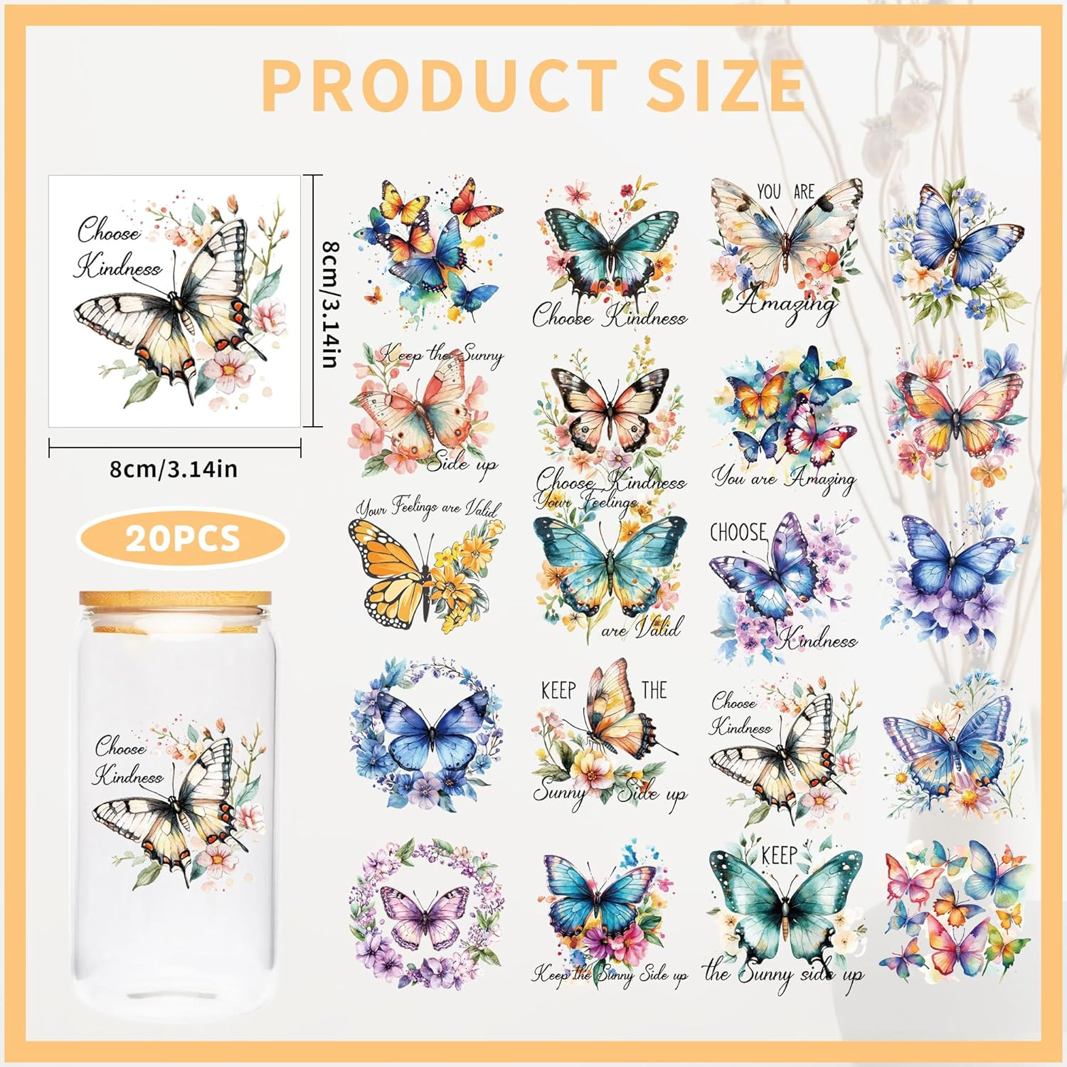 UV DTF Cup Wraps Stickers – 20 Sheet Butterfly UV DTF Transfer Stickers, Animal