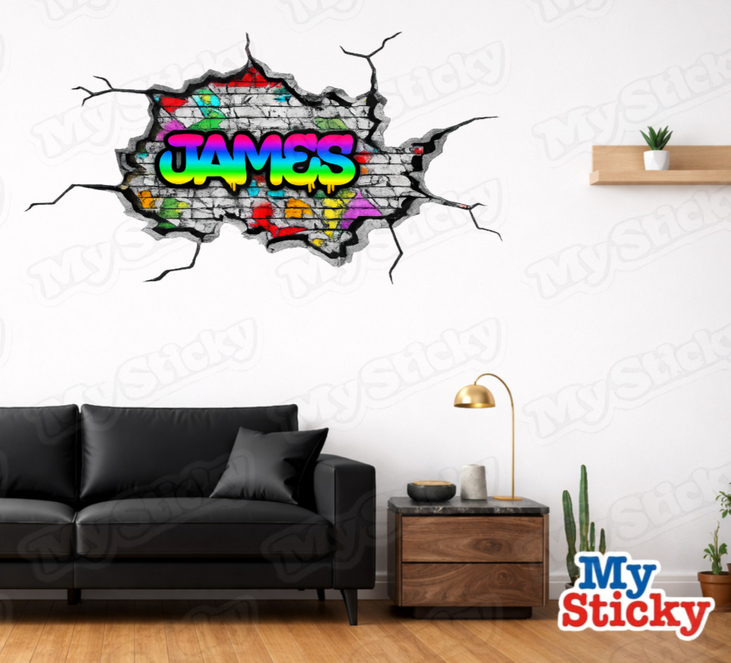 Custom Graffiti Name Wall Decal 3D Brick Breakthrough Personalized Room Sticker