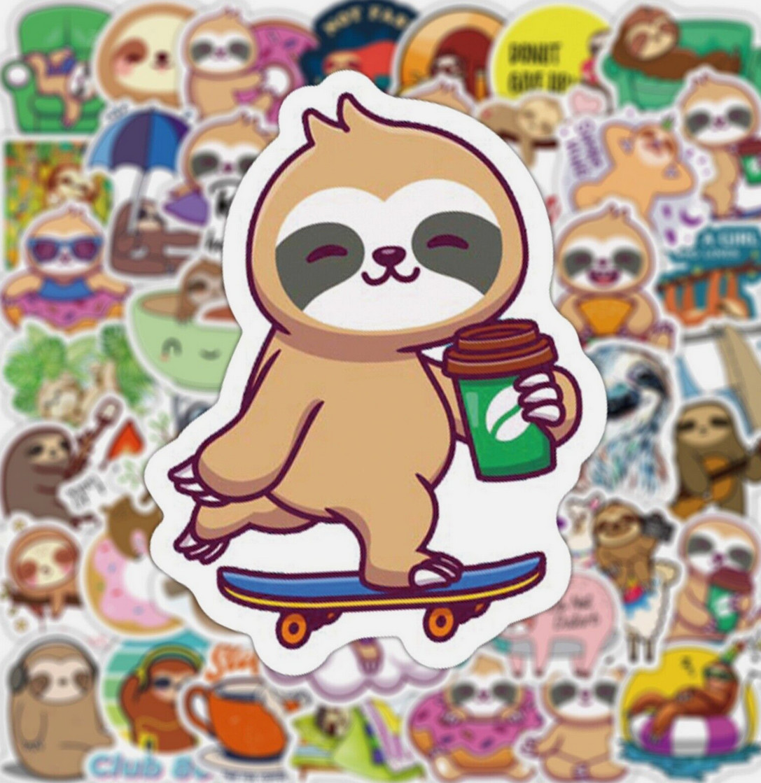 LOT OF 50 PCS CUTE SLOTH cartoon Characters Stickers coffee donut unicorn FUN