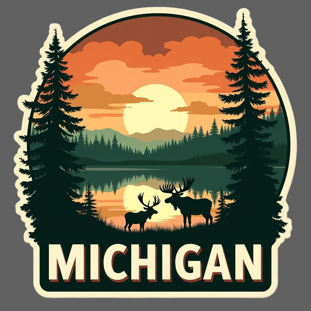 Michigan Sticker Vinyl Decal Moose Forest Sunset Wildlife Nature Scene