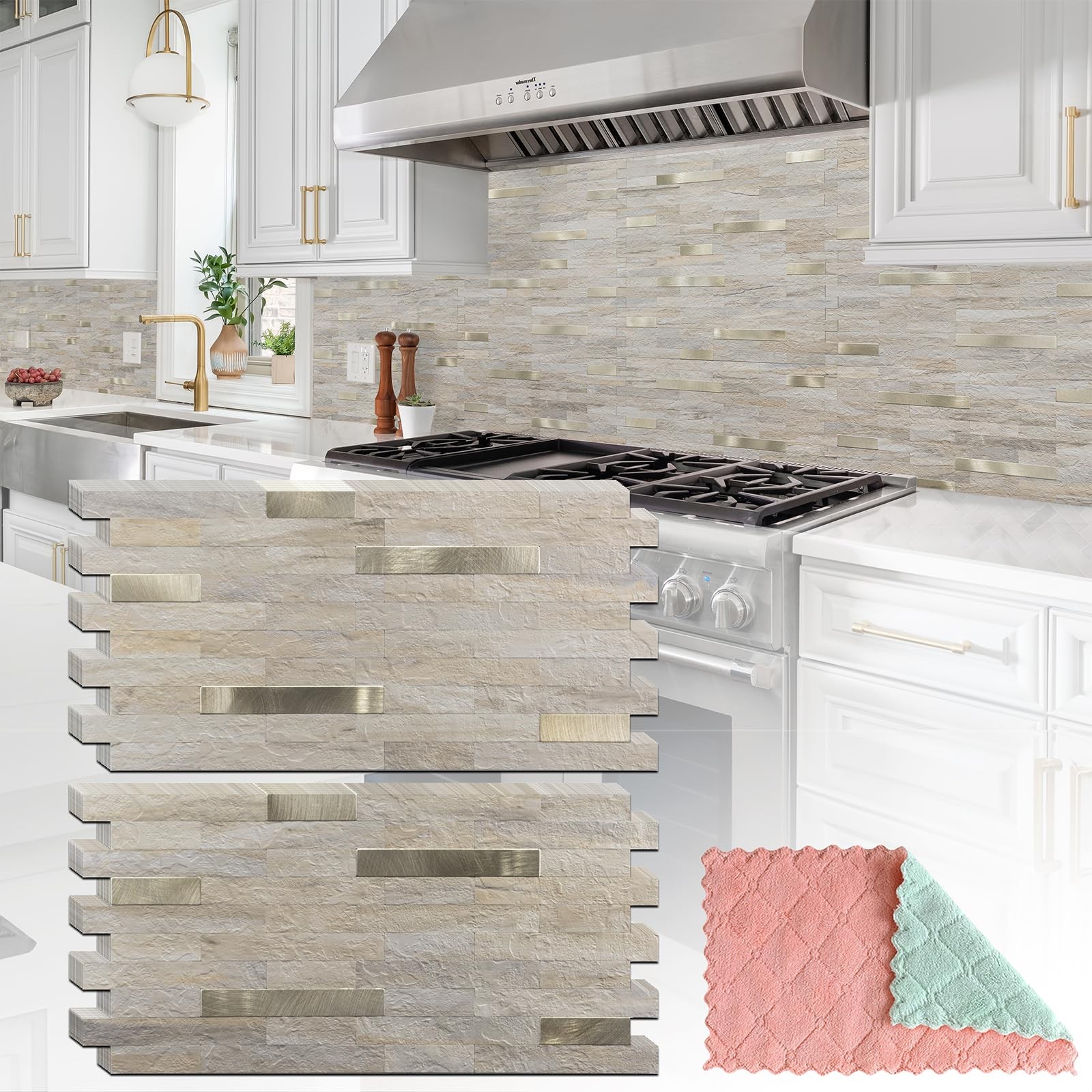 20 Sheets Kitchen Peel and Stick Backsplash Tiles, Beige with Metal Gold Look…