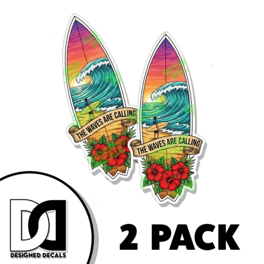 The Waves are Calling Surf Board Sticker Vinyl Decal Sticker DieCut Tropical 2PK