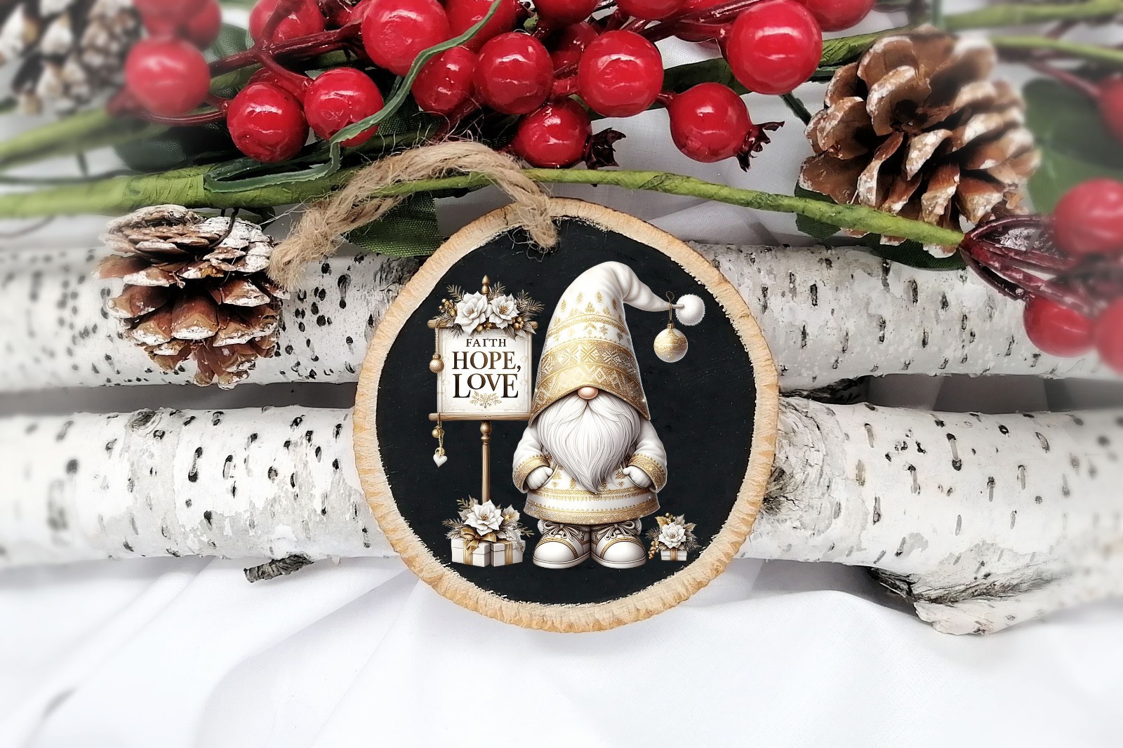 Gold White Hope Faith Love Christmas Gnome UV DTF Transparent Sticker / Decal