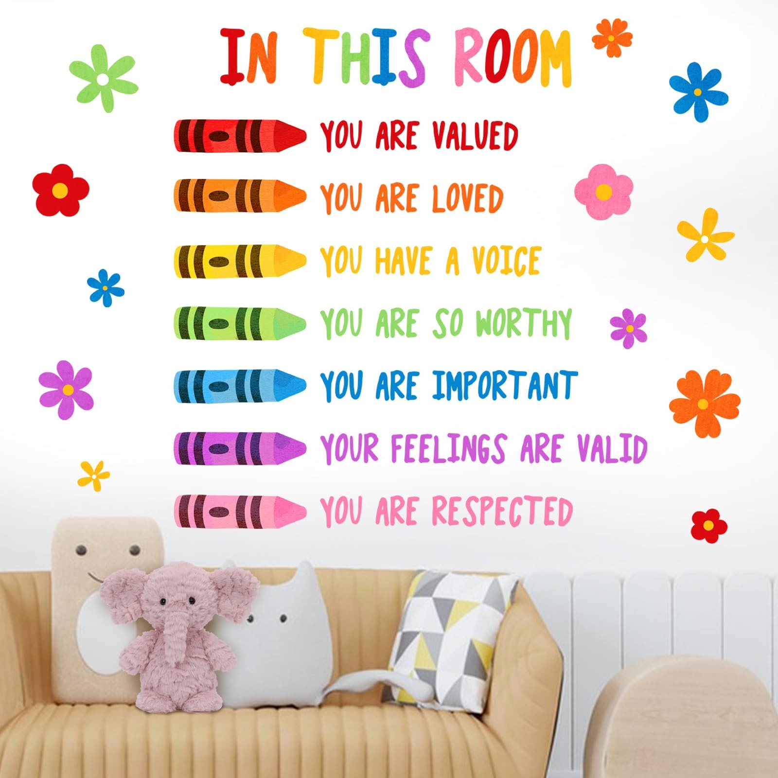 Colorful Floral Crayon Inspirational Wall Decals Stickers, Motivational Rainb…