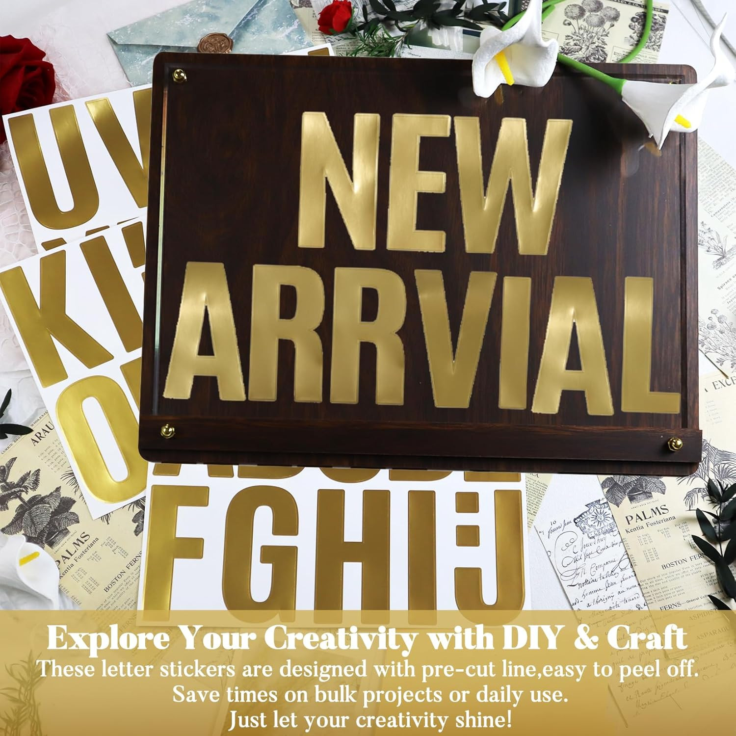 4 Inch Gold Alphabet Stickers, 27 Sheets Self-Adhesive Vinyl Letter Decals fo…