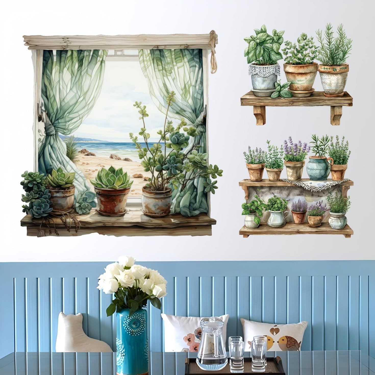 3D Potted Plant Fake Windows Wall Decals Green Plants Succulent Wall Stickers