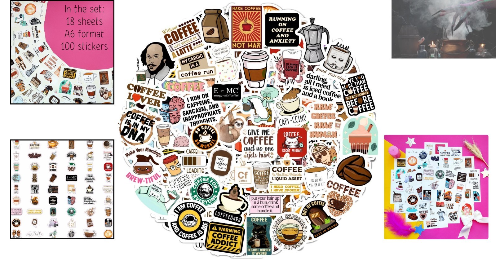 100Pcs Waterproof Funny Coffee Stickers – Ideal for Scrapbooking & Party Decor