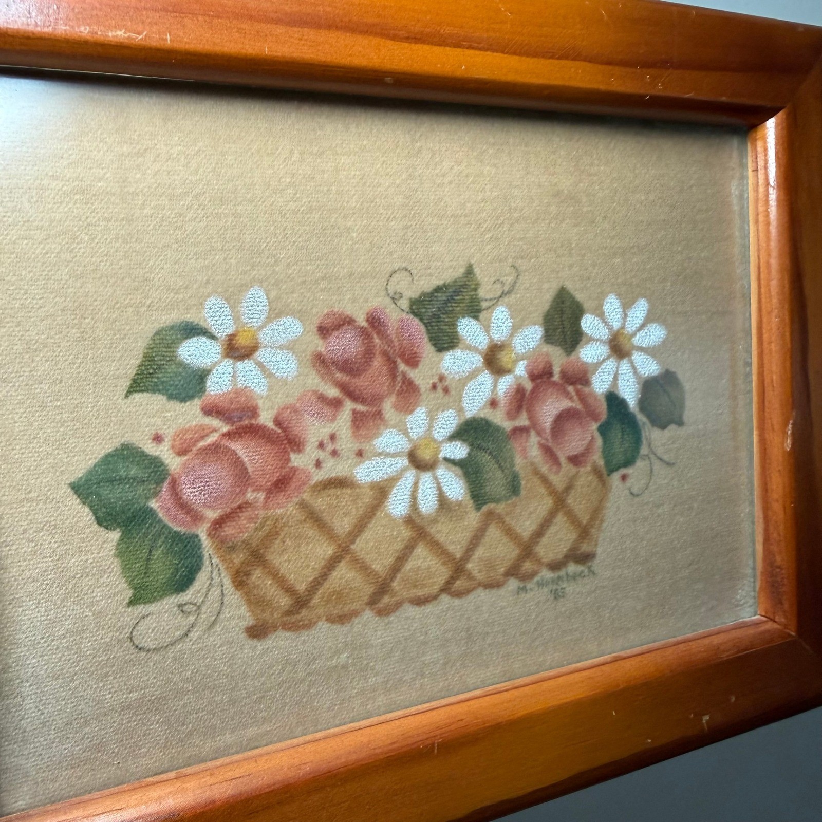 Vintage 1983 Theorem Painting Folk Art Roses Daisies Basket Signed M Hornbeck
