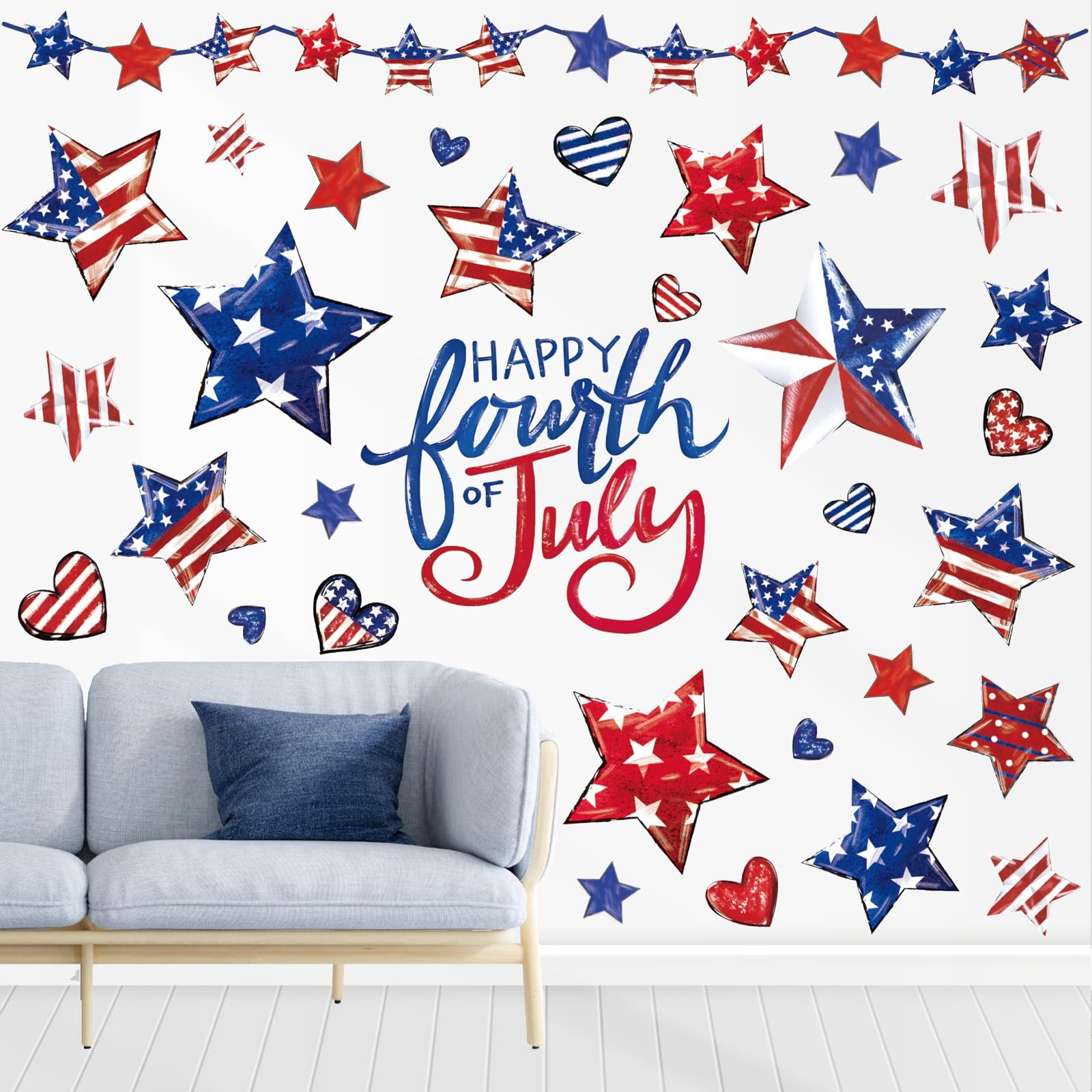 9 Sheets Patriotic Wall Stickers Watercolor 4th of July Vintage Red White Blue
