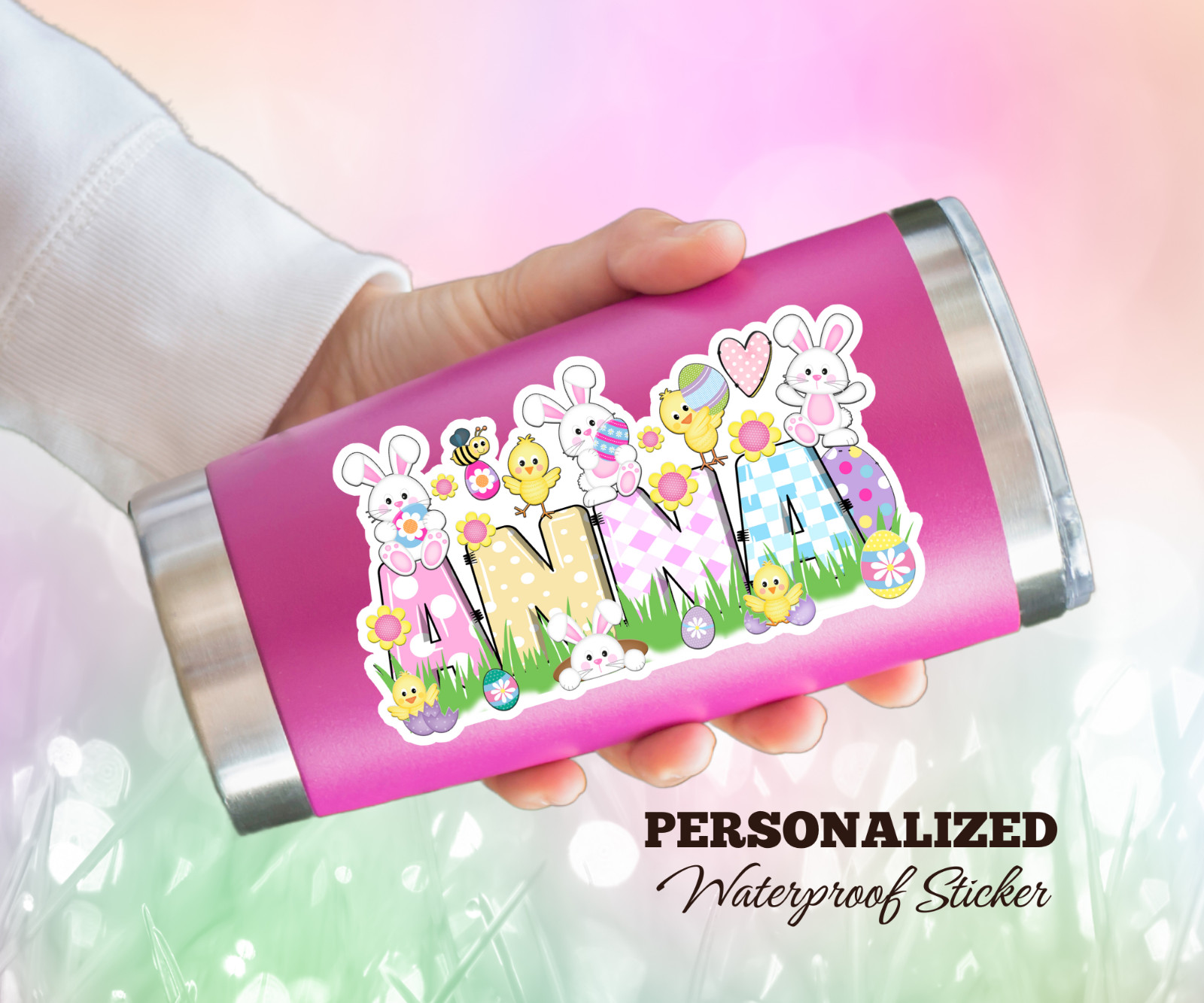 Custom Easter Name Sticker Waterproof Gift Water Bottle Laptop Tumbler Label