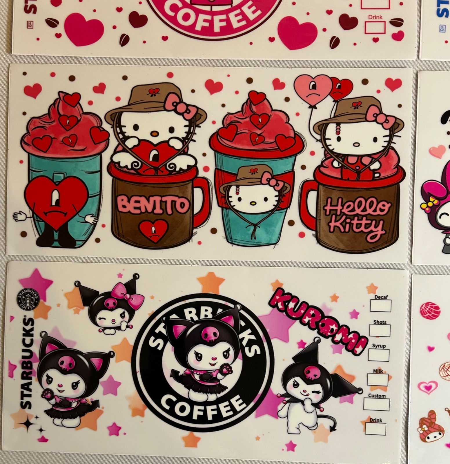 Set of 8 Hello Kitty Stitch Coffee Hearts Transfer Cup Wraps