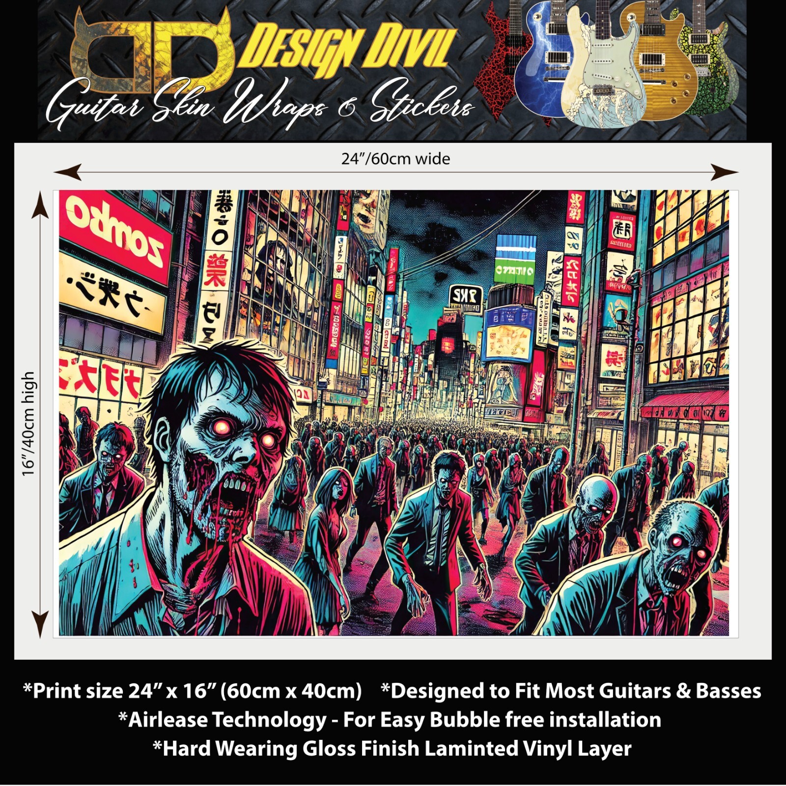 Guitar or Bass Custom Skin Wrap 'The Zombie March' Manga Style Printed Graphic