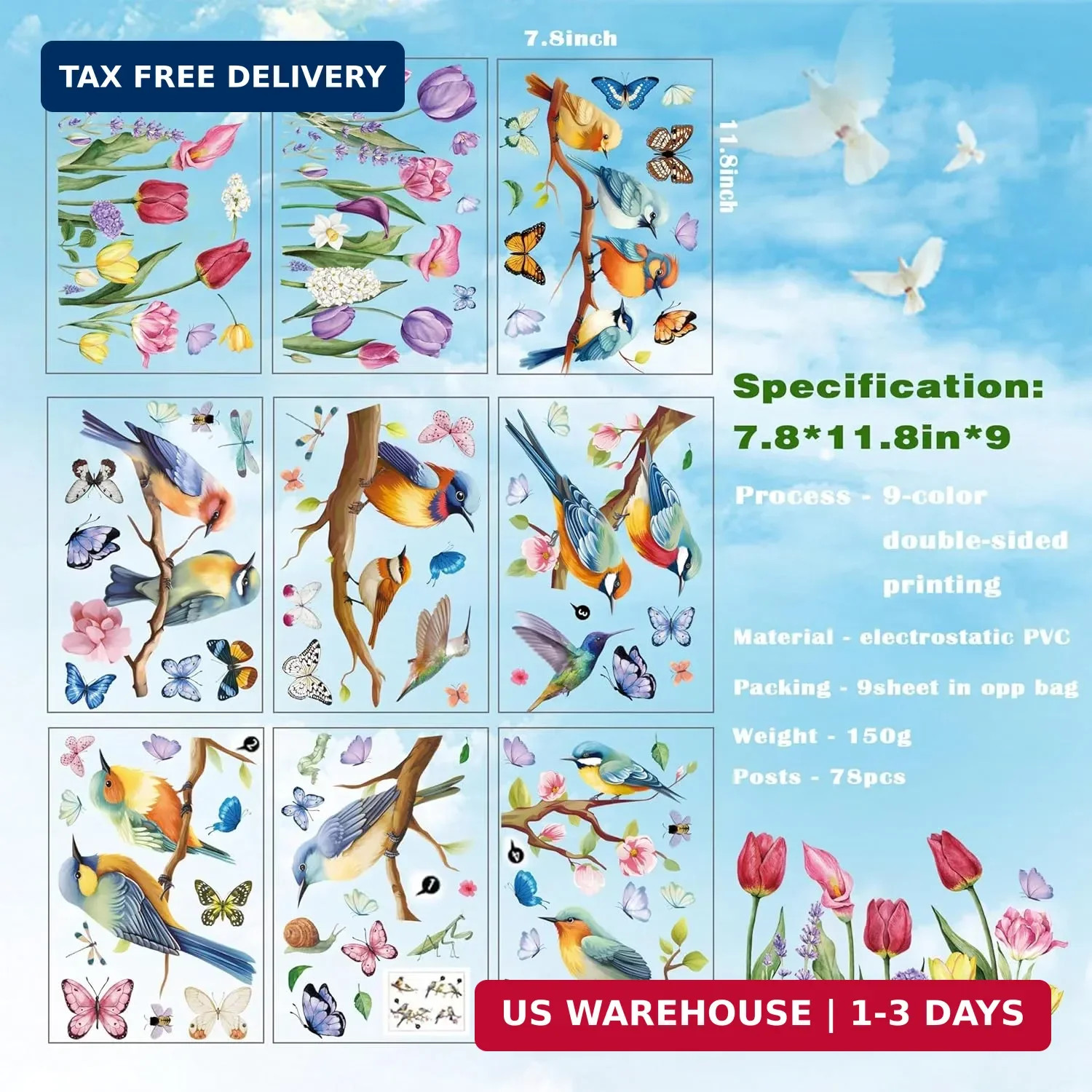 Spring Window Cling Sticker – 78PCS Tulip Butterfly Flower Hummingbirds Window D