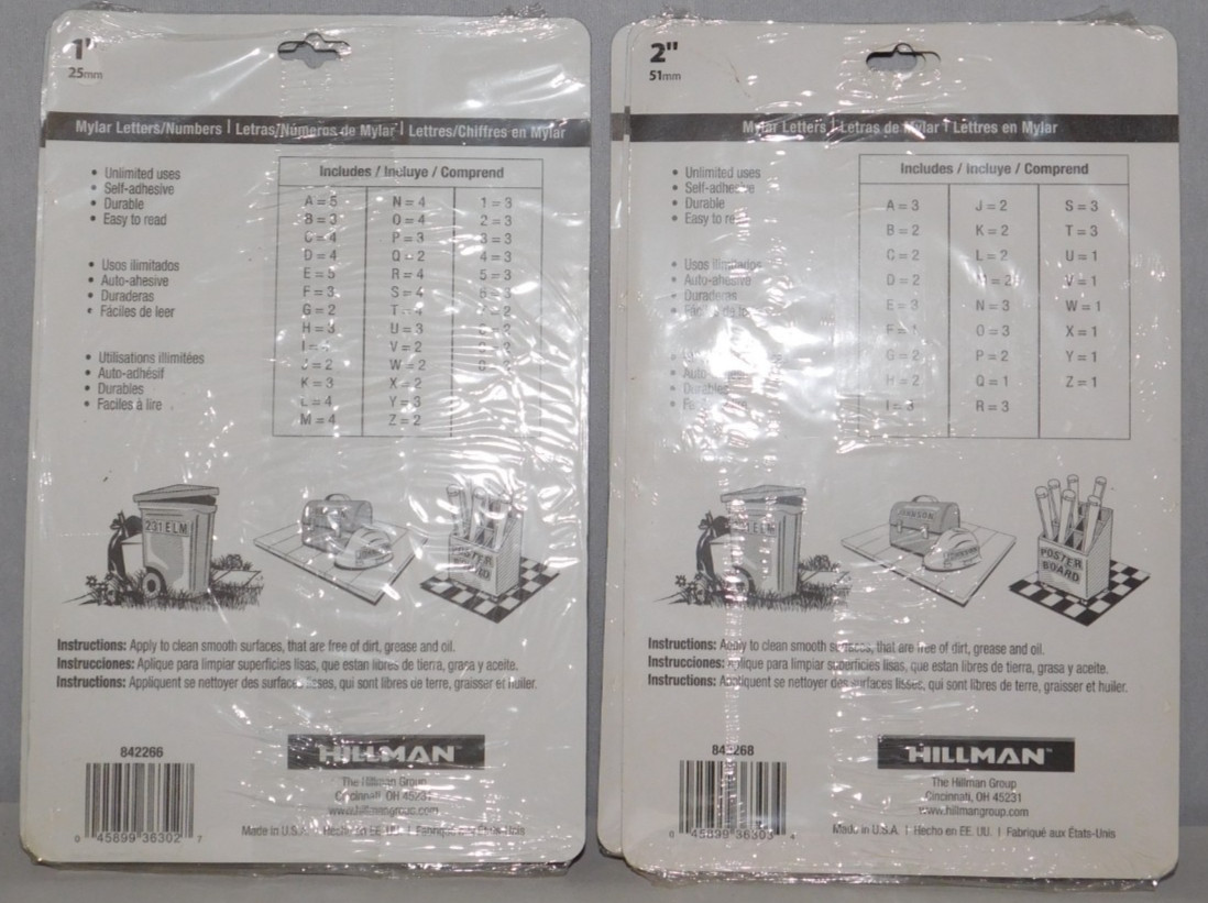 HILLMAN MYLAR LETTERS NUMBERS 1" & 2" 3 PACKS OF EACH 84268 84266 Black Gold