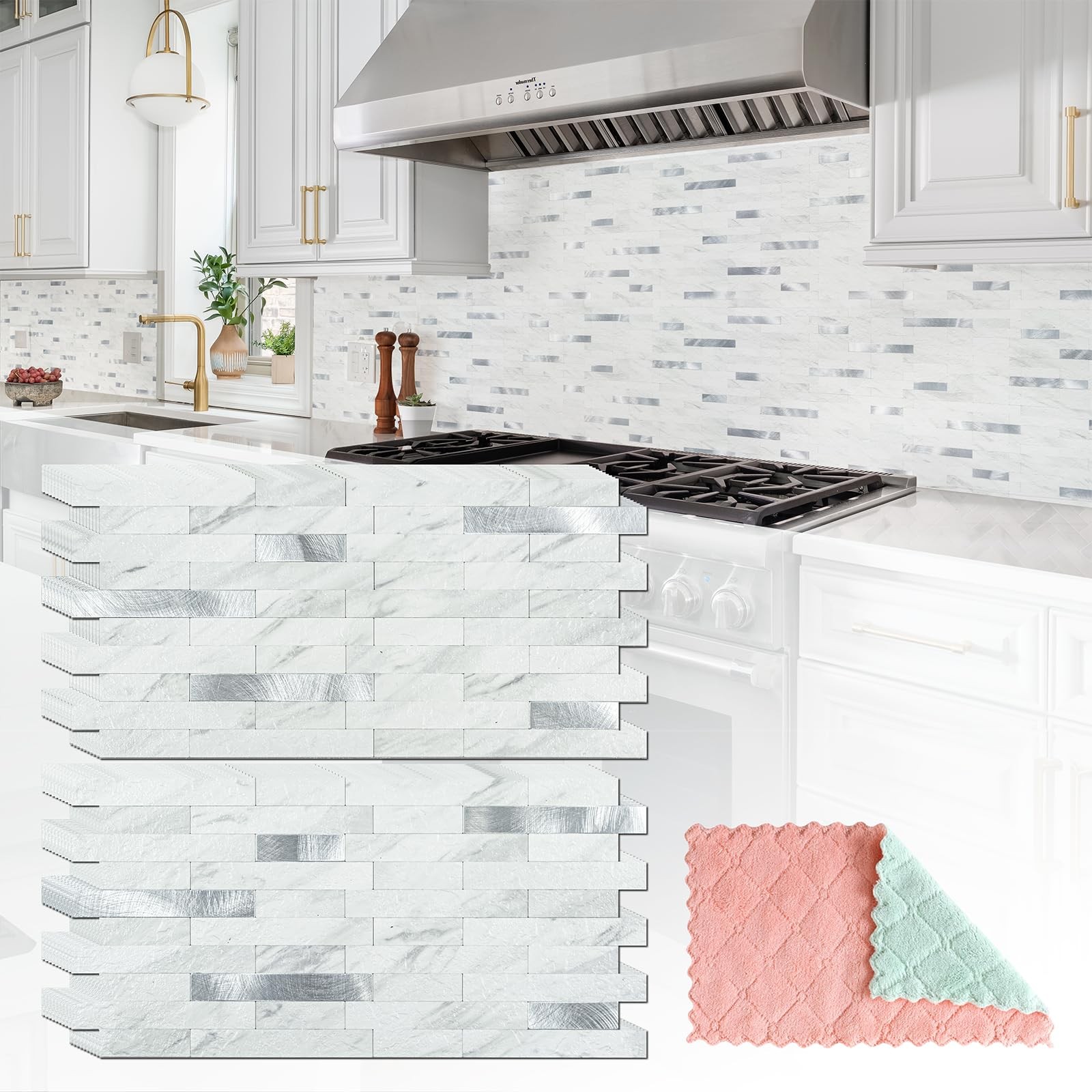 20 Sheets Peel and Stick Backsplash for Kitchen, White Marble with Metal Silv…