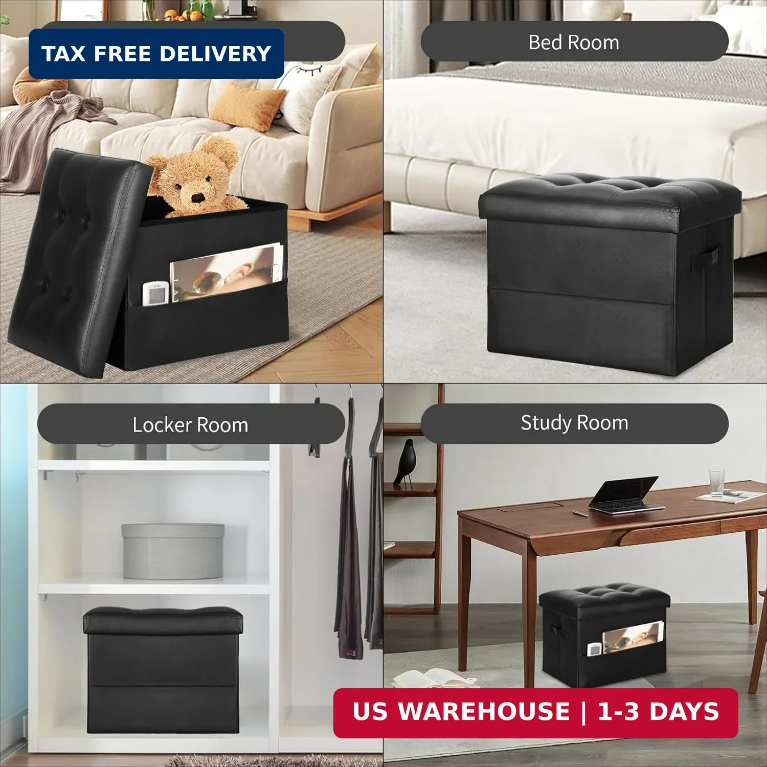Storage Ottoman Foot Rest Stool with Thicker Foam Padded Seat. Foldable Leather