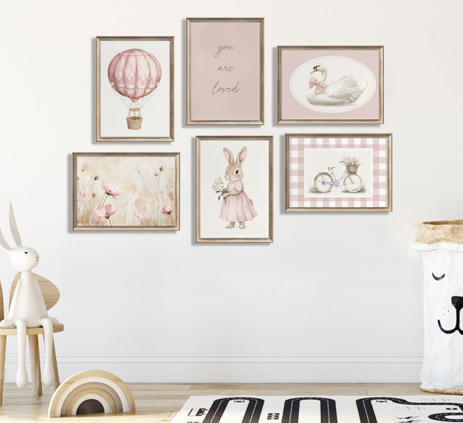6Pcs Pink Nursery Bunny Wall Art Kids Swan Flower Painting Pictures Cute Rabb…