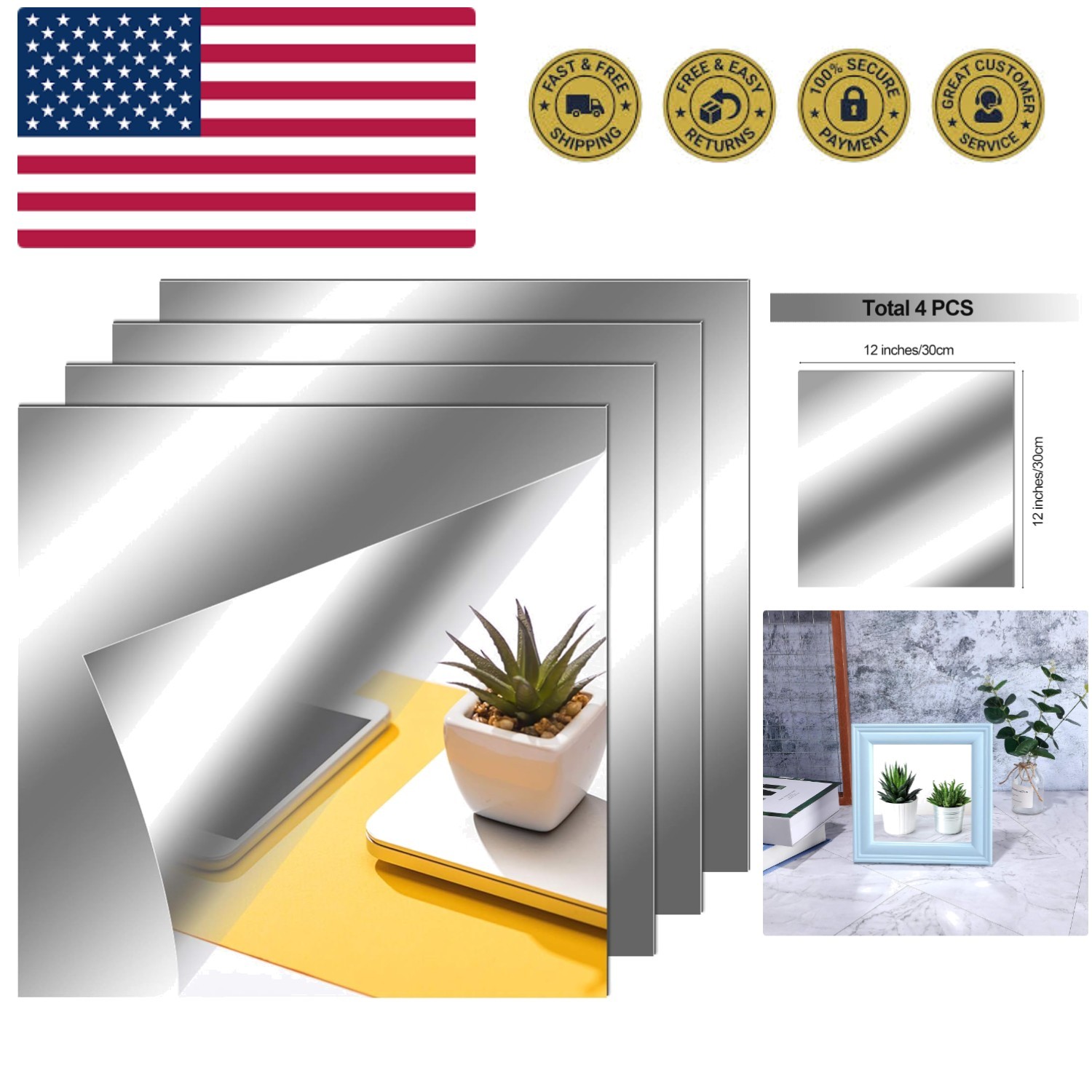 Modern Square Non-Glass Mirror Stickers – 12×12 Inches for Stylish Walls