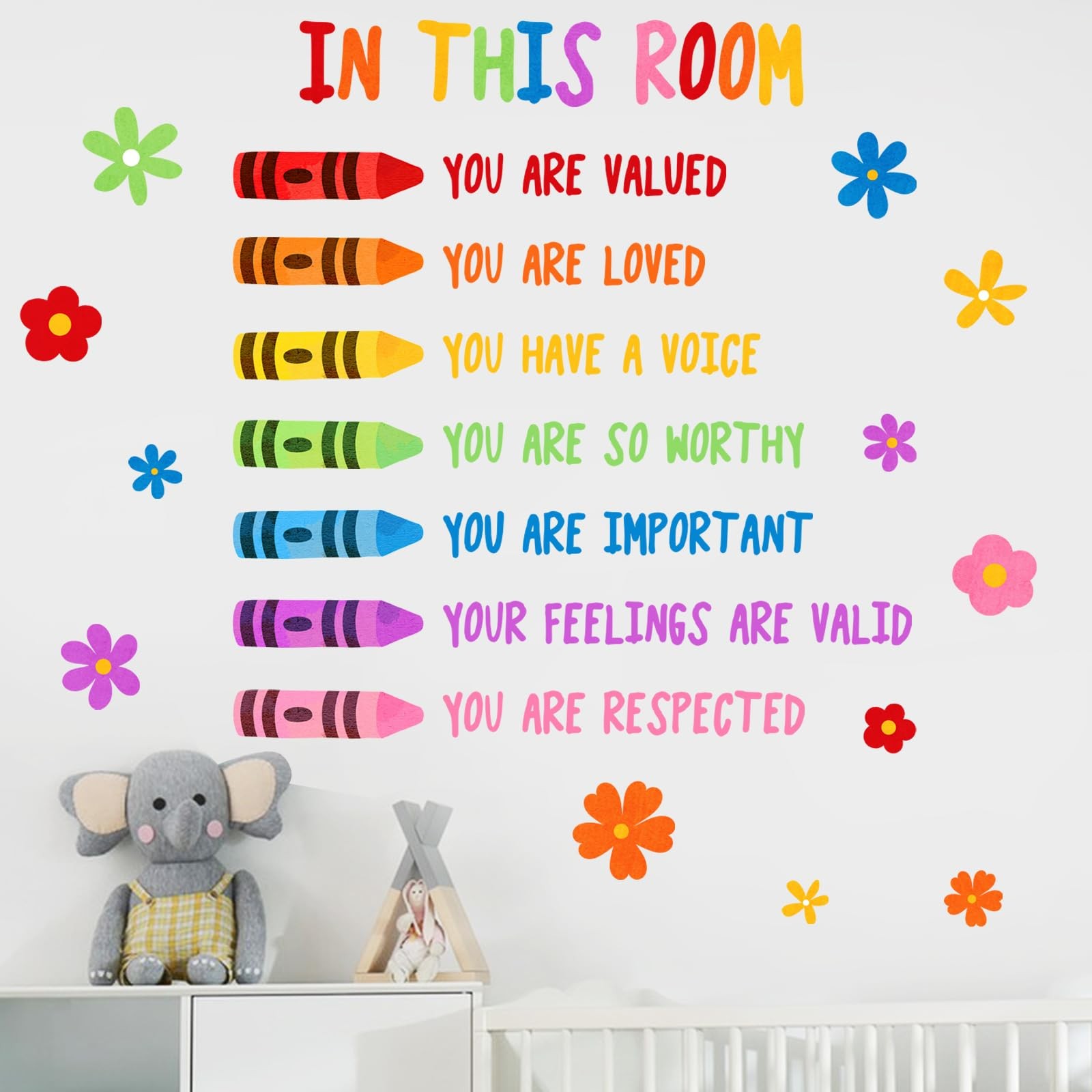 Colorful Floral Crayon Inspirational Wall Decals Stickers, Motivational Rainb…