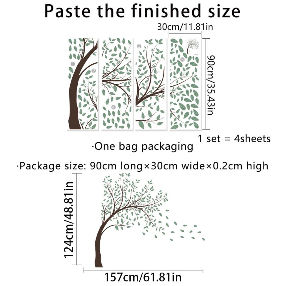 4 Sheets Green Tree Wall Decals Big Tree Wall Stickers Large DIY Large Tree