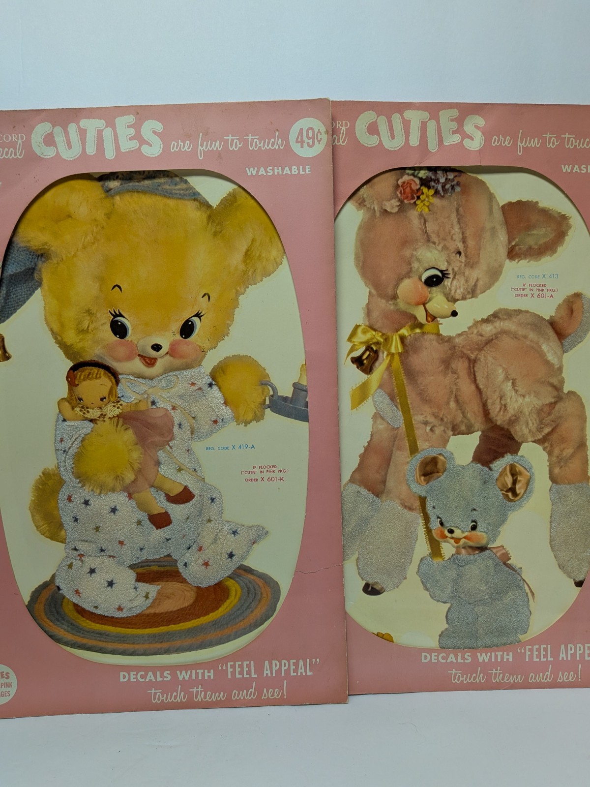 3 Vtg 60's Anthropomorphic Bears & Lamb CUTIES Decals Meyercord Fuzzy Wall Decor